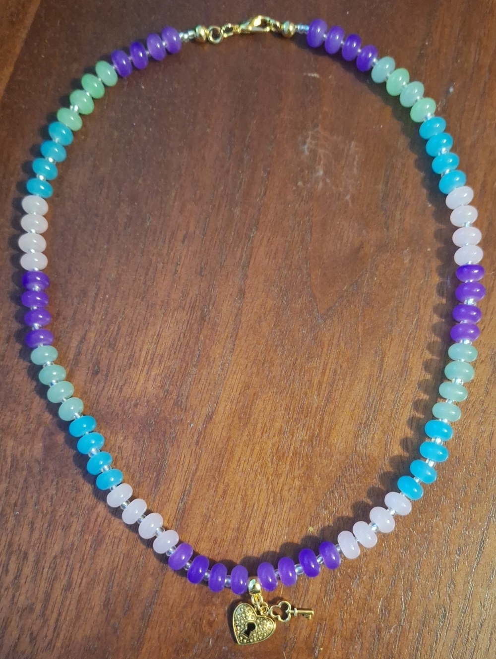 Gold Heart Lock Charm Multicolor Beaded Necklace